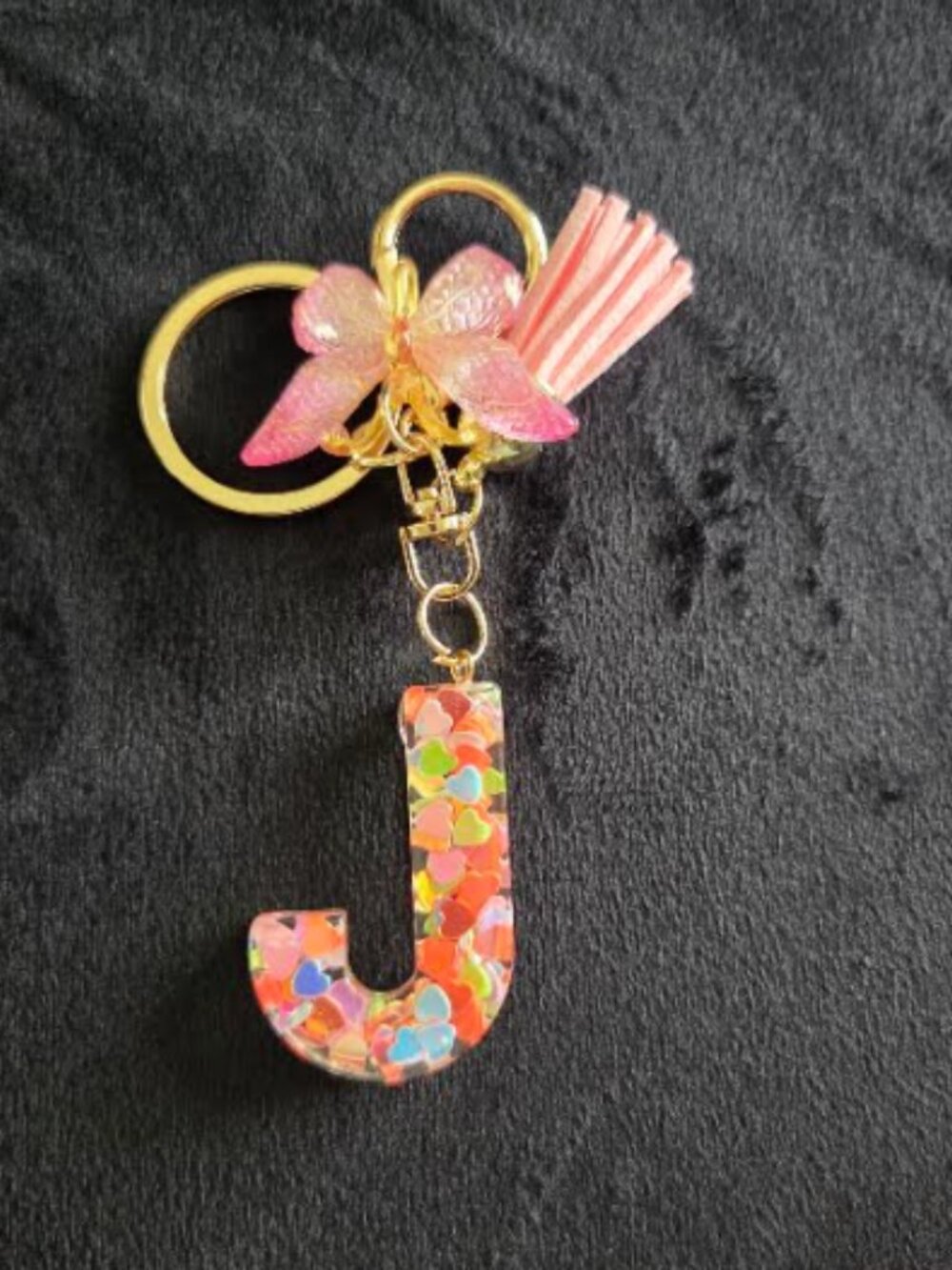 Initial J Keychain Pink Butterfly Tassel Multicolor Confetti Gold Bag Charm Gift